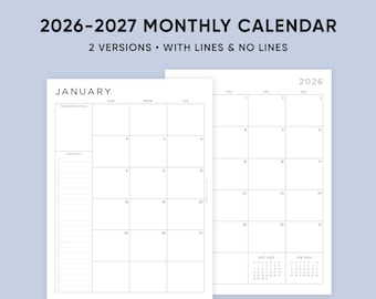 2026-2027 Monthly Planner Printable Download, A5, Half, Letter Size, A4, Dated Month on 2 Pages, 2026 Calendar, MO2P, Lined, PDF