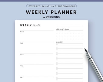 Weekly Planner Printable 4 in 1 | Printable Weekly Task List PDF, A5, Half Size, Letter, A4 | Digital Download, Minimalistt Design Templates