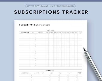 Subscriptions Tracker Printable, Annual Bills Tracker, Year Bills Organizer, Finance and Budget Pages, A5, Half Size, Letter Size, A4, PDF