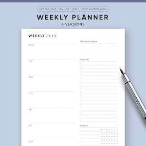 Weekly Planner Printable 4 in 1 Printable Weekly Task List PDF, A5, Half Size, Letter, A4 Digital Download, Minimalistt Design Templates image 1