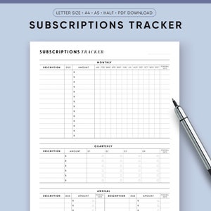 Subscriptions Tracker Printable, Annual Bills Tracker, Year Bills Organizer, Finance and Budget Pages, A5, Half Size, Letter Size, A4, PDF