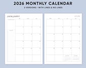 2026 Monthly Planner Printable Download, A5, Half, Letter Size, A4, Dated Month on 2 Pages, 2026 Calendar, MO2P, Lined, PDF