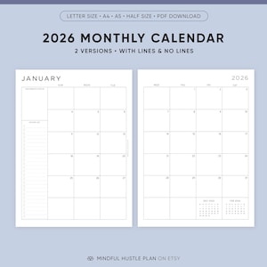 2026 Monthly Planner Printable Download, A5, Half, Letter Size, A4, Dated Month on 2 Pages, 2026 Calendar, MO2P, Lined, PDF