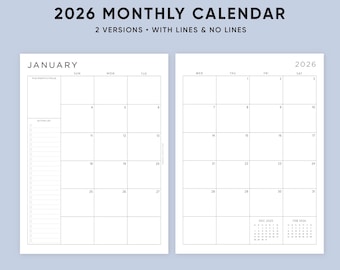 Maandplanner 2026 afdrukbare download, A5, half, Letter-formaat, A4, gedateerde maand op 2 pagina's, kalender 2026, MO2P, gevoerd, pdf