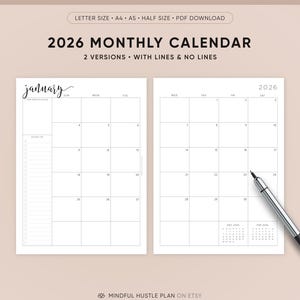2026 Dated Monthly Planner on Two Pages, Monthly Organizer, Monthly Agenda, Month At a Glance, A5 Inserts, Half Size, Letter 8.5x11 in, A4