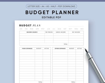 Budget Planner Printable, EDITABLE, Weekly Budget, Paycheck Planner, Monthly Finance, A5, A4, Letter, Half Size, Finance Insert, Digital PDF