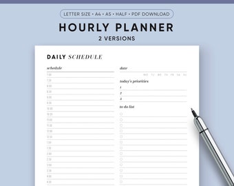 Daily Planner Printable, Hour Planner, Daily Schedule Printable PDF | A5, Half Size, A4, Letter, Remote Work Planner, Hourly Planner Inserts