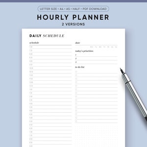 Daily Planner Printable, Hour Planner, Daily Schedule Printable PDF | A5, Half Size, A4, Letter, Remote Work Planner, Hourly Planner Inserts