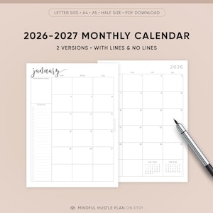 May include: A 2026-2027 monthly calendar digital download in letter, A4, A5, and half sizes. The white pages feature a black grid layout with a January header, a monthly focus section, an action list, and a silver pen resting on the paper.