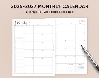 2026-2027 Dated Monthly Planner on Two Pages, Monthly Organizer, Monthly Agenda, Month At a Glance, A5 Inserts, Half Size, Letter,  A4