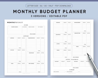 Monthly Budget Planner Printable, Editable Budget Plan, Incomes and Expenses Tracker, Debt, Savings, Financial Planner | A5, Half, Letter A4