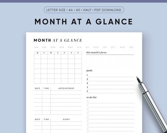 Month at a Glance Printable, Monthly Dashboard, Printable Planner Inserts, A5, A4, US Letter, Half Size, Instant Download, Index Page