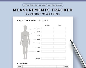 Measurements Tracker Printable, Female Body and Male Body, Weight Loss Tracker, BMI, Fitness Journal, Diet Journal, Healthy Living, PDF