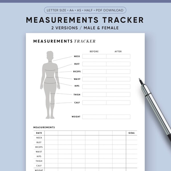 Measurements Tracker Printable, Female Body and Male Body, Weight Loss Tracker, BMI, Fitness Journal, Diet Journal, Healthy Living, PDF