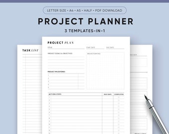 Planificateur de projet imprimable, agenda de productivité, suivi des tâches, étudiant, A5, A4, format lettre US, modèle numérique, téléchargement immédiat