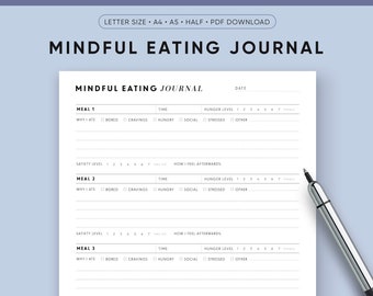 Mindful Eating Journal afdrukbaar, intuïtief eetdagboek, voedingsdagboek, calorietracker, afdrukbare fitnessplanner, dieet, gewichtsverlies PDF