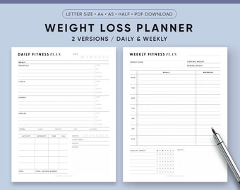 Weight Loss Planner, Fitness Journal, Daily, Weekly Fitness Plan, Printable Fitness Inserts, Health Planner, Diet, Half Size, A5, Letter, A4