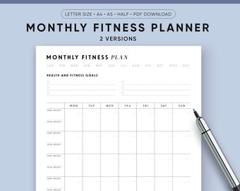 Monthly Fitness Planner, Workout Calendar Printable, Printable Fitness Inserts, Health Planner, Diet Weight Loss, Half Size, A5, Letter, A4