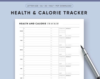 Health and Calorie Tracker, Fitness Planner, A5, A4, Letter Size, Weight Loss, Food Diary, Weight Loss Log, Weekly Diet Journal, PRINTABLE