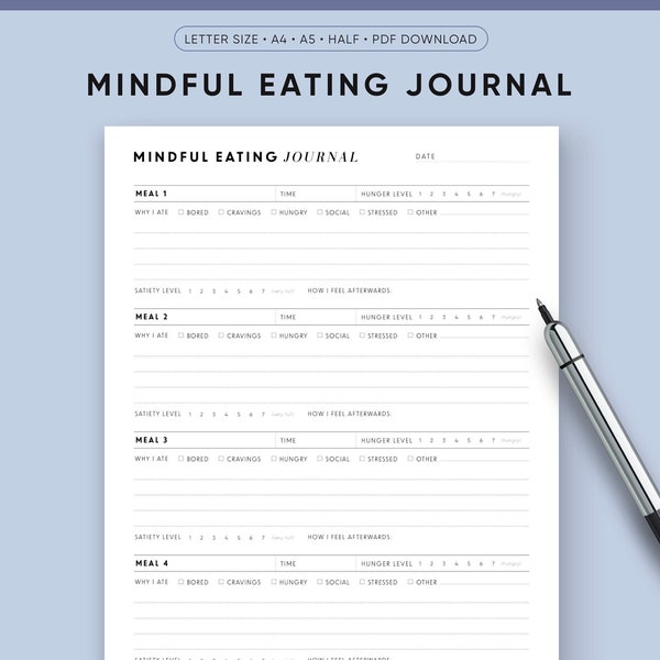 Mindful Eating Journal Printable, Intuitive Eating Journal, Food Diary, Calorie Tracker, Printable Fitness Planner, Diet, Weight Loss PDF