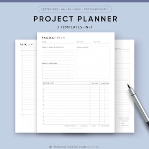 Project Planner Printable, Productivity Planner, Task Tracker, College Student, A5, A4, US Letter Size, Digital Template, Instant Download
