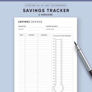 Puede incluir: Un rastreador de ahorros imprimible con una barra de progreso tipo termómetro. El rastreador incluye secciones para ahorrar para, cuenta, saldo inicial, objetivo de ahorro, fecha, cantidad y saldo. El texto "Visualizar tu progreso" está en la parte superior del termómetro.