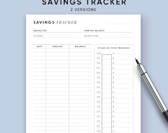 May include: A printable savings tracker with a thermometer-style progress bar. The tracker includes sections for saving for, account, starting balance, savings goal, date, amount, and balance. The text "Visualize Your Progress" is at the top of the thermometer.