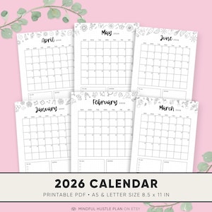 2026 Calendar Printable, Bullet Journal Templates, Dated Calendar, A5, Letter Size 8.5x11, Digital Download PDF, Bujo Pages