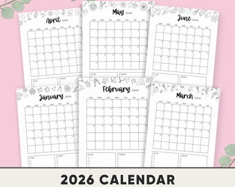 2026 Calendar Printable, Bullet Journal Templates, Dated Calendar, A5, Letter Size 8.5x11, Digital Download PDF, Bujo Pages