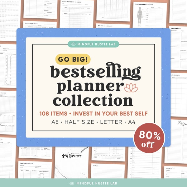 Printable Planner Bundle 5-in-1, Daily Productivity, Finance, Fitness, Mom Planner, A5 inserts, Half A4, Letter, Life Planner, PDF