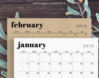 2018 Wall Calendar, Printable, includes Holidays, 2017-2018, Horizontal Layout, Minimalist Design, Sunday, Monday Start Instant Download