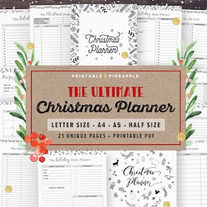 May include: Printable Christmas planner with 21 unique pages. The planner includes sections for budgeting, meal planning, to-do lists, party planning, and gift tracking. The cover features a festive design with a gold star and the text "Christmas Planner".