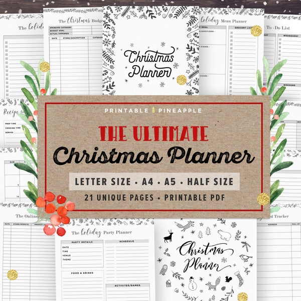 Christmas Planner Kit, Printable Christmas Planner Inserts in Black and White - Holiday Planner Pages, Xmas Craft Ideas, Cover, 2019
