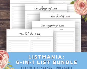 to do list printable bundle listmania bucket list grocery list shopping list templates productivity a4a5letter size printable pdf