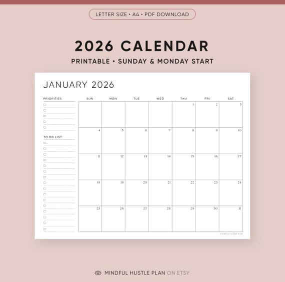 2026 Printable Calendar with To Do List, Desk Calendar, PDF, Letter Size, A4, Monday & Sunday Start, Monthly Calendars, Downloadable, Goals