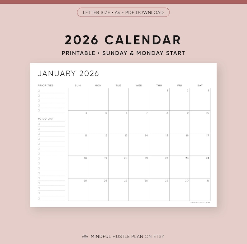 2026 Printable Calendar with To Do List, Desk Calendar, PDF, Letter Size, A4, Monday & Sunday Start, Monthly Calendars, Downloadable, Goals image 1