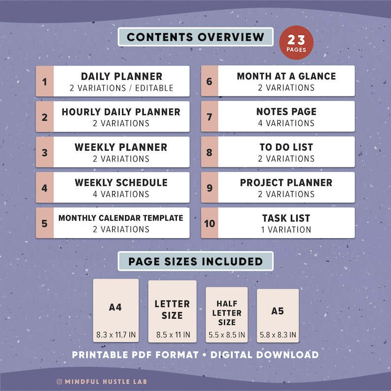 Productivity Planner Printable, Daily Weekly Monthly Planner BUNDLE, Work From Home Pages, Inserts template A5, Half Size, Letter, A4 image 2