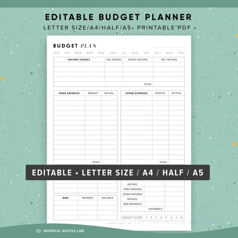 Budget Planner Printable, EDITABLE, Weekly Budget, Paycheck Planner, Monthly Finance, A5, A4, Letter, Half Size, Finance Insert, Digital PDF 