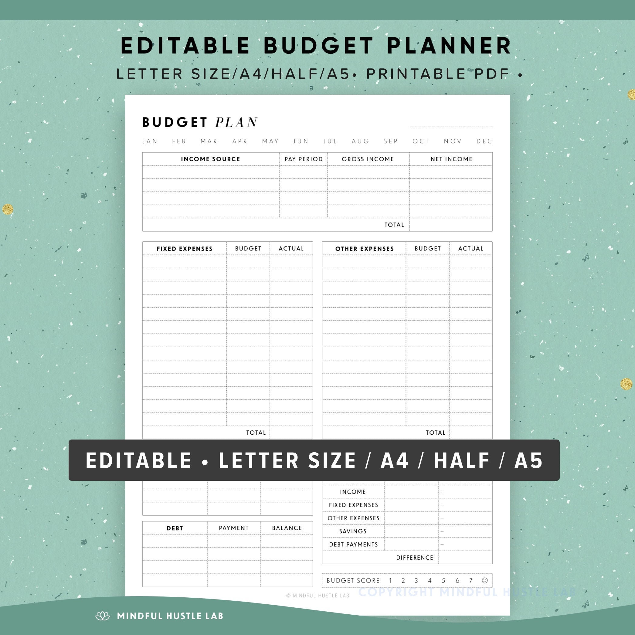 Budget Planner Printable, EDITABLE, Weekly Budget, Paycheck Planner,  Monthly Finance, A5, A4, Letter, Half Size, Finance Insert, Digital PDF 