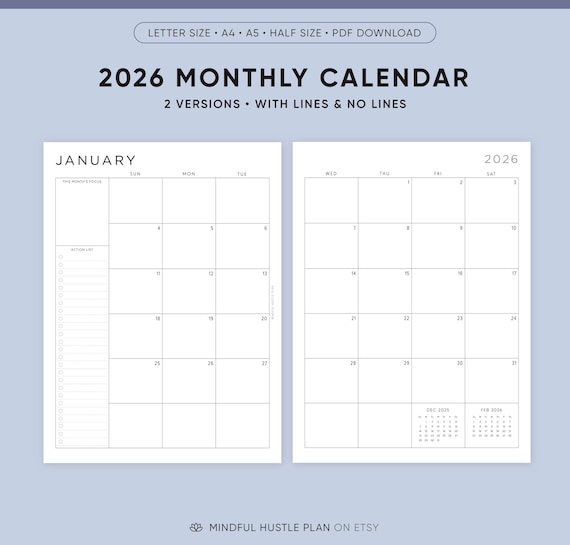2026 Monthly Planner Printable Download, A5, Half, Letter Size, A4, Dated Month on 2 Pages, 2026 Calendar, MO2P, Lined, PDF
