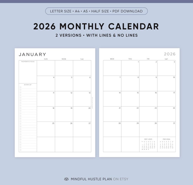2026 Monthly Planner Printable Download, A5, Half, Letter Size, A4, Dated Month on 2 Pages, 2026 Calendar, MO2P, Lined, PDF image 1