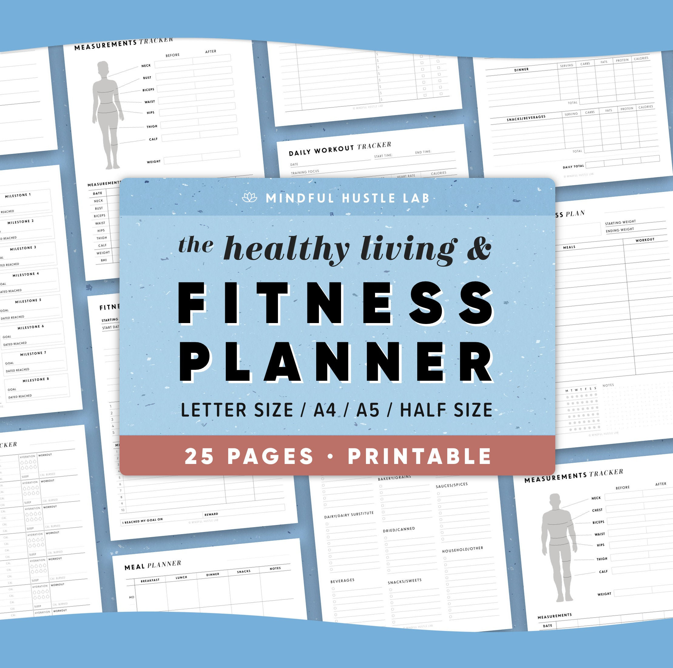 A5 wide size Kawaii health and fitness planner printable food journal workout log health tracker meal planner