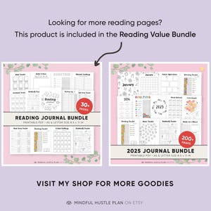 Op de afbeelding: Twee afdrukbare journalbundels worden getoond op een lichtpaarse achtergrond. De "Reading Journal Bundle" bevat meer dan 30 pagina's en de "2025 Journal Bundle" bevat meer dan 200 pagina's. Tekst op de afbeelding luidt "Looking for more reading pages?" en "Visit my shop for more goodies."