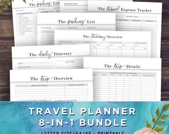 Reisen Sie Routenplaner Urlaub-Planung-Bundle - 8 Seiten, Packliste, Reise-Journal, Contacts Manager, Reiseplan für eine Geschäftsreise, A5, A4, Letter, bedruckbar