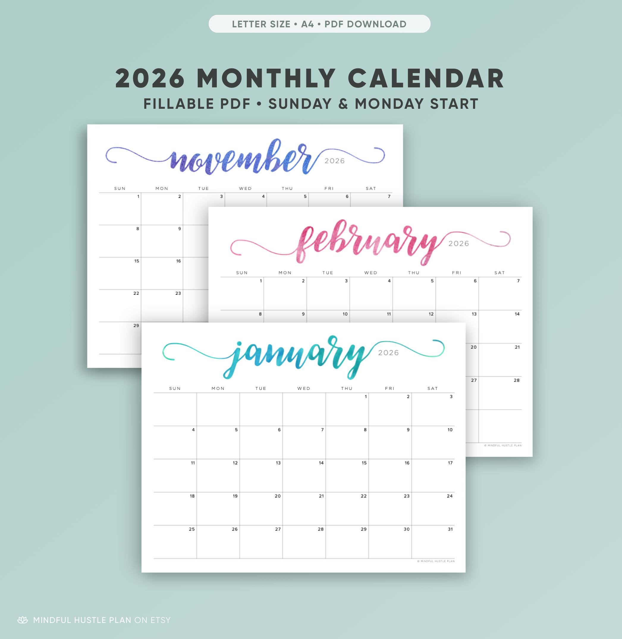 2026 Printable Calendar, Editable, 12 Month Desk Calendar, Landscape ...