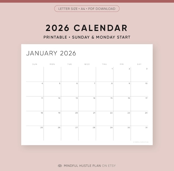 Printable 2026 Calendar, Minimalist PDF, Letter Size, A4, Landscape Layout, Sunday Monday Start