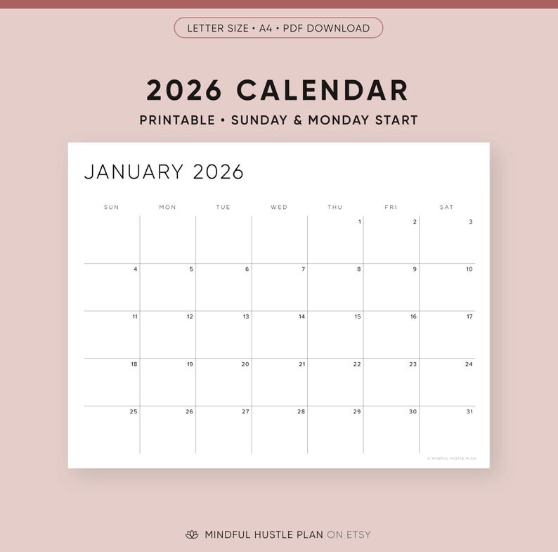 Printable 2026 Calendar, Minimalist PDF, Letter Size, A4, Landscape Layout, Sunday Monday Start image 1