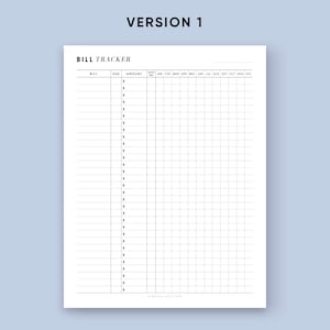May include: A white bill tracker sheet with the text "VERSION 1" at the top. The sheet is labeled "BILL TRACKER" and includes columns for "BILL", "DUE", "AMOUNT", and monthly tracking from January to December. The Etsy shop name "MINDFUL HUSTLE PLAN ON ETSY" is at the bottom.