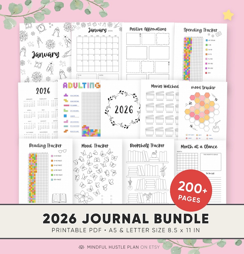 2026 Bullet Journal Seiten druckbares Paket, vorgefertigte Journalvorlagen, Jährliche Tracker, Lesen, Stimmungstracker, Bujo Layouts, A5, Letter PDF Bild 11