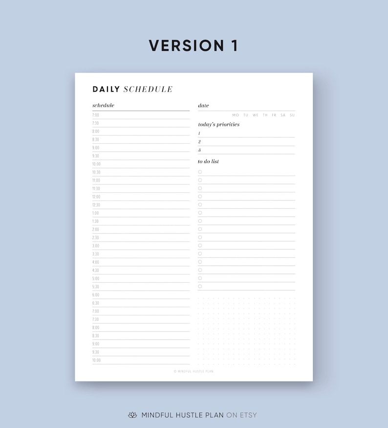 May include: A black and white printable daily schedule planner with sections for schedule, date, today's priorities, and a to-do list. The planner has a minimalist design with a dotted background.